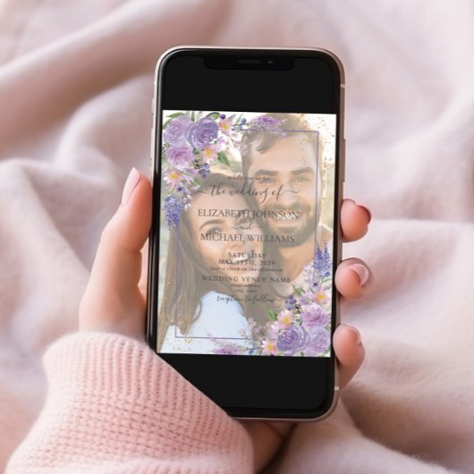 Invitation Mariage photo Lavender Lilac Gold Vellum Overlay