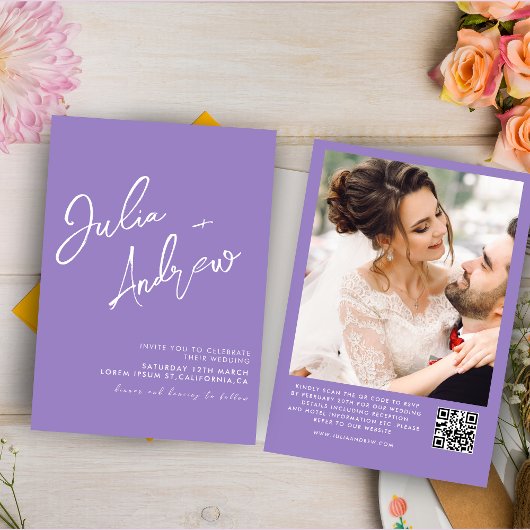 Invitation Mariage photo Lavender Minimal Script QR Code