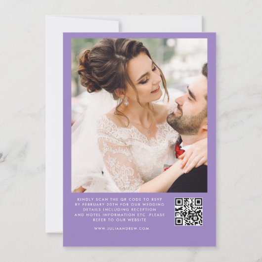 Invitation Mariage photo Lavender Minimal Script QR Code (Dos)