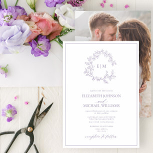 Invitation Mariage photo Lilac Lavender Leafy Crest Monogram