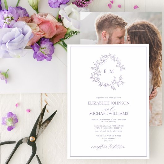 Invitation Mariage photo Lilac Lavender Leafy Crest Monogram