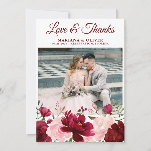 Invitation Mariage Photo Love and Thanks Card Burgundy Pink (Devant)