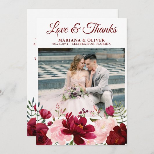 Invitation Mariage Photo Love and Thanks Card Burgundy Pink (Devant / Derrière)