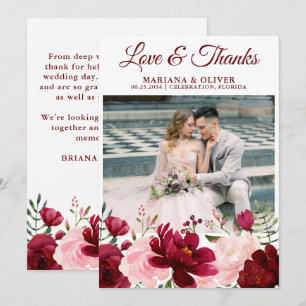 Invitation Mariage Photo Love and Thanks Card Burgundy Pink