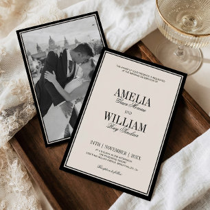 Invitation Mariage Photo Luxe Noir Crème Classique de l'Ancie