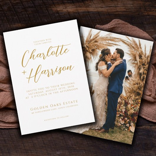 Invitation Mariage photo manuscrit moderne Gold Script