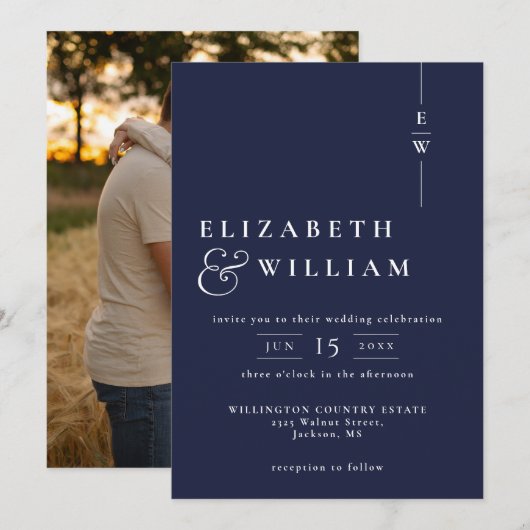 Invitation Mariage photo marine Blue Modern Elegant Monogram (Devant / Derrière)