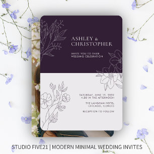 Invitation Mariage photo minimal de feuillage violet foncé