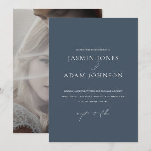 Invitation Mariage photo minimal monogramme bleu ardoise