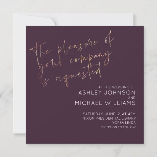 Invitation Mariage photo minimal Plum Gold Script (Devant)