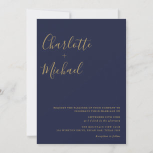 Invitation Mariage photo minimaliste bleu marine et or