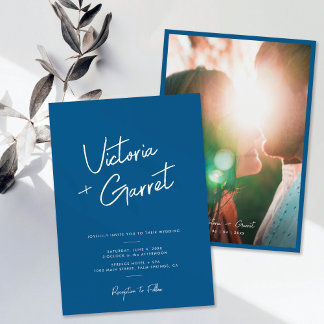 Invitation Mariage photo minimaliste bleu moderne