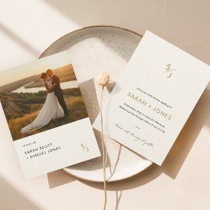 Invitation Mariage photo minimaliste en or moderne Ecru