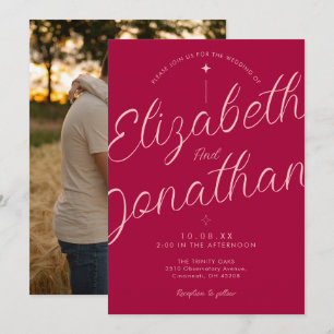 Invitation Mariage Photo Minimaliste Moderne Rétro Fuchsia Ro