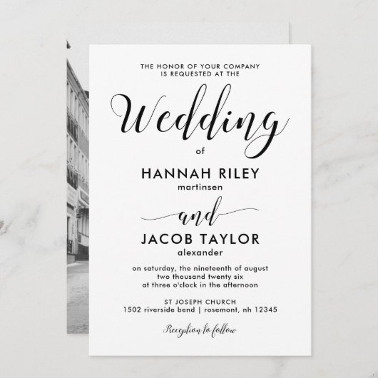 Invitation Mariage photo minimaliste noir et blanc (Devant / Derrière)