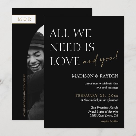 Invitation Mariage photo minimaliste noir et or (Devant / Derrière)