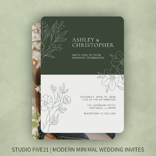 Invitation Mariage photo minime Moss Green Foliing