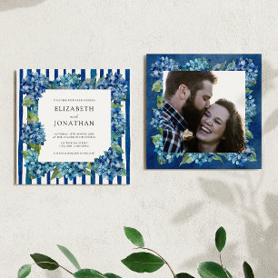 Invitation Mariage photo moderne avec hortensias bleus rayés