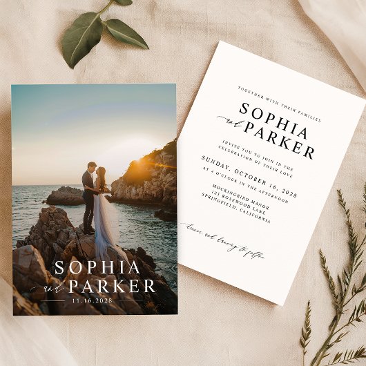 Invitation Mariage photo moderne Black and White Elegant Beac