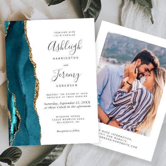 Invitation Mariage Photo Moderne Bleu Sarcelle Or Agate
