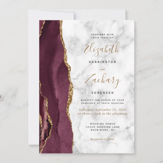 Invitation Mariage photo moderne Burgundy Gold Agate Marbre (Devant)