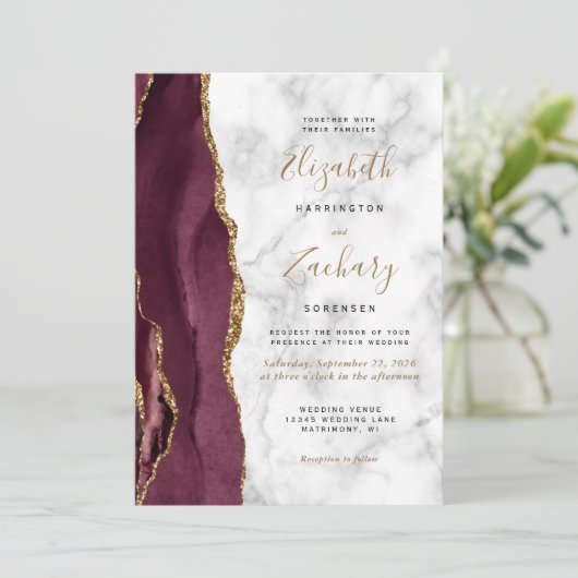 Invitation Mariage photo moderne Burgundy Gold Agate Marbre (Debout devant)