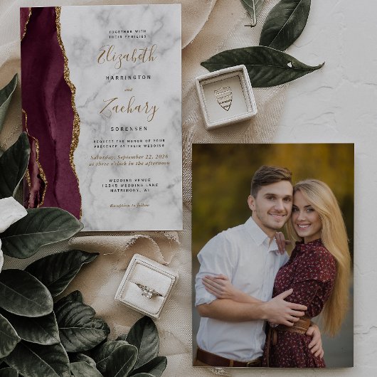 Invitation Mariage photo moderne Burgundy Gold Agate Marbre