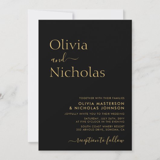 Invitation Mariage photo moderne chic noir et or Script (Devant)