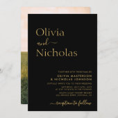 Invitation Mariage photo moderne chic noir et or Script (Devant / Derrière)