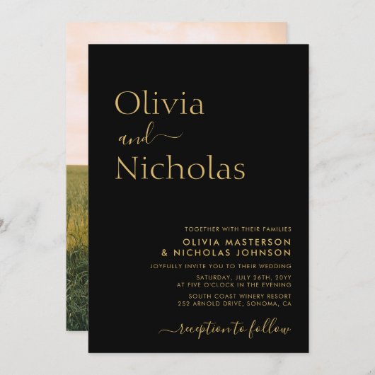 Invitation Mariage photo moderne chic noir et or Script (Devant / Derrière)