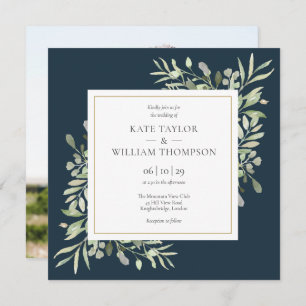 Invitation Mariage photo moderne Deep Sea Blue Greenery