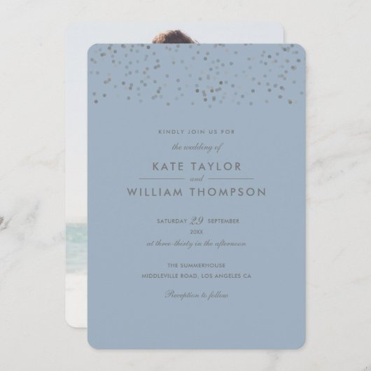 Invitation Mariage photo moderne Dusty Blue Confetti (Devant / Derrière)