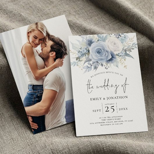 Invitation Mariage photo moderne Dusty Blue Florals