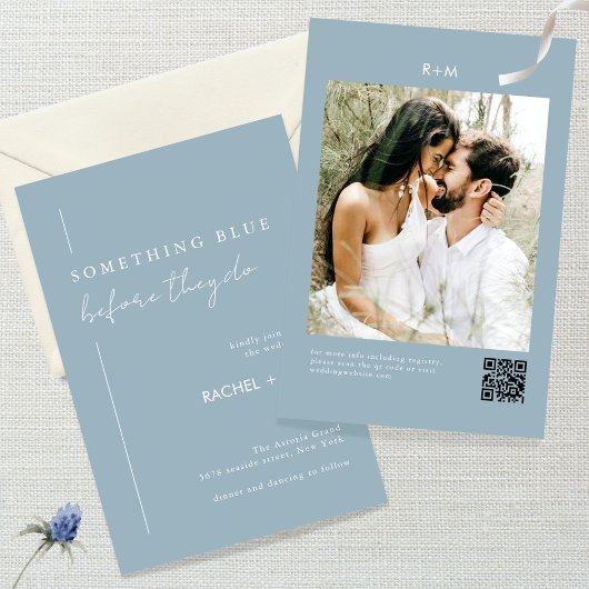 Invitation Mariage photo moderne Dusty Blue Qr Code