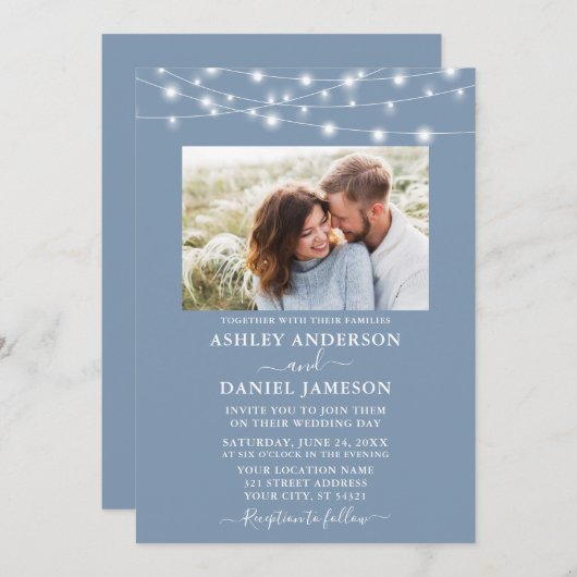 Invitation Mariage photo moderne Dusty Blue String (Devant / Derrière)