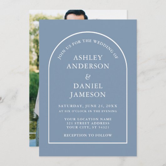 Invitation Mariage photo moderne élégant Arch Dusty Blue (Devant / Derrière)
