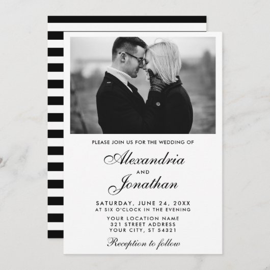Invitation Mariage photo moderne Elégant Couple BxW rayé (Devant / Derrière)