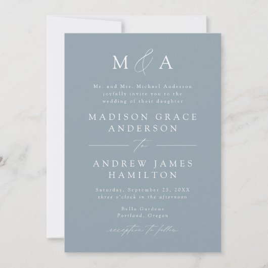 Invitation Mariage photo moderne Elegant Dusty Blue Monogram (Devant)