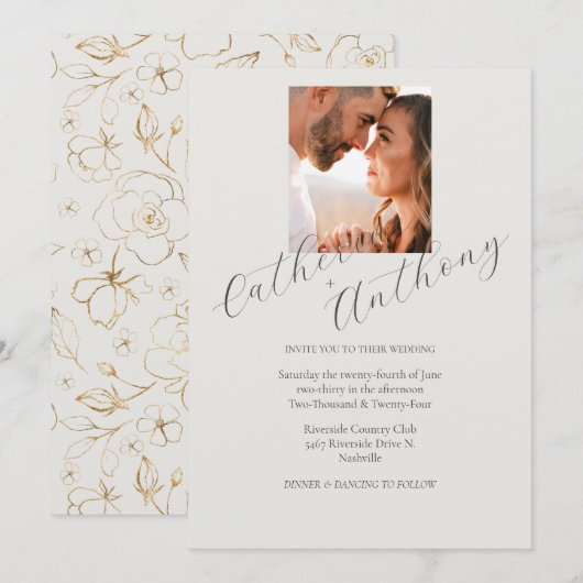 Invitation Mariage photo moderne Elegant Gold Floral (Devant / Derrière)