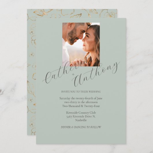 Invitation Mariage photo moderne Elegant Gold Sage Green (Devant / Derrière)