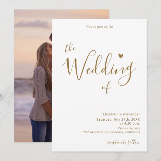 Invitation Mariage photo moderne Elegant Gold Script Heart (Devant / Derrière)