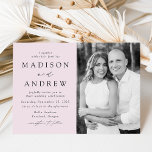 Invitation Mariage photo moderne Elegant Lavender<br><div class="desc">Faire-part de mariage photo moderne avec vos détails mariages à gauche du design en lettres noires avec accents de script de calligraphie sur un arrière - plan lavande violet clair. Personnalisez l'avant de l'invitation en ajoutant vos noms, les détails du mariage et la photo verticale du fiançailles. L'arrière de l'invitation...</div>