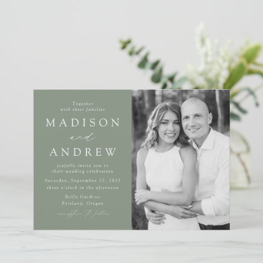 Invitation Mariage photo moderne Elegant Sage Green (Debout devant)