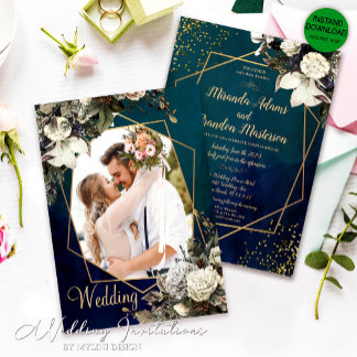 Invitation Mariage photo moderne Floral Gold Emerald Green
