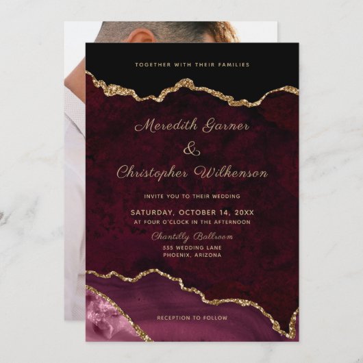 Invitation Mariage photo moderne Gold Burgundy Agate (Devant / Derrière)