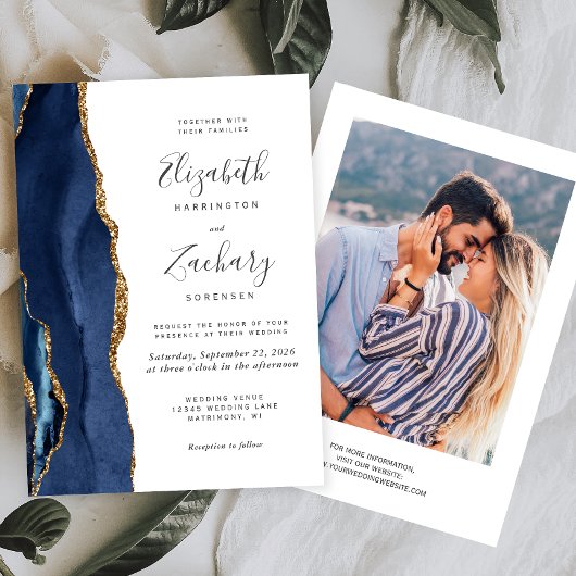 Invitation Mariage photo moderne Marine Blue Gold Agate