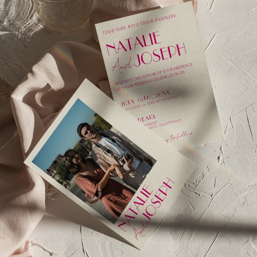 Invitation Mariage photo moderne rose blanc français rétro