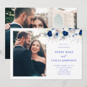 Invitation Mariage photo moderne Royal Blue & White Floral (Devant / Derrière)