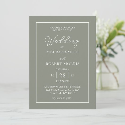 Invitation Mariage photo moderne Sage vert & blanc simple (Debout devant)