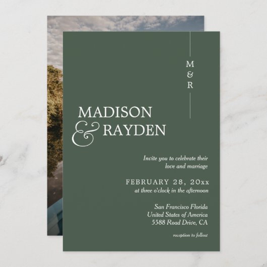 Invitation Mariage photo moderne Simple Dark Green Monogram (Devant / Derrière)